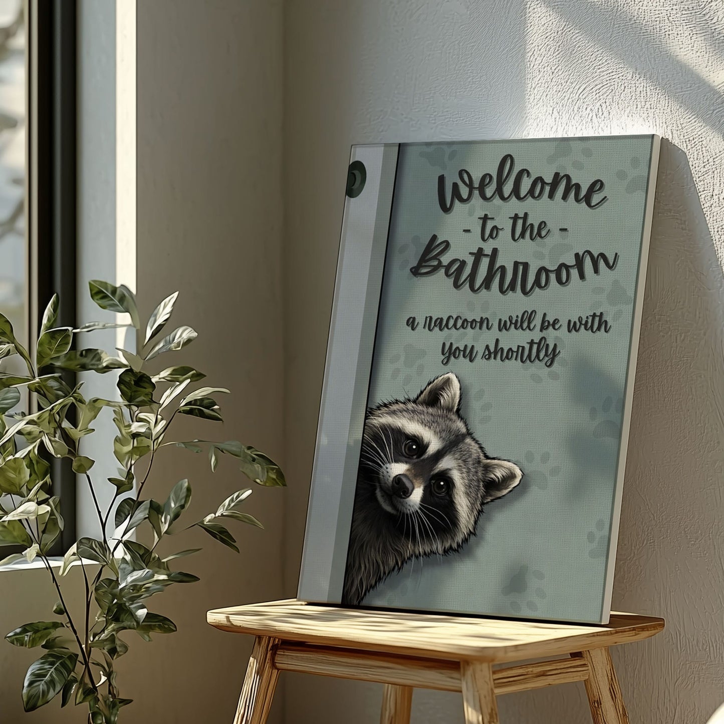 Welcome to the Bathroom Raccoon Wall Art Canvas