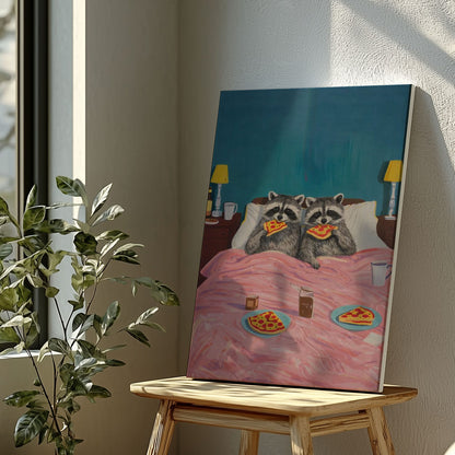 Funny Raccoon Couple Eating Pizza in Bed Cozy Wall Art