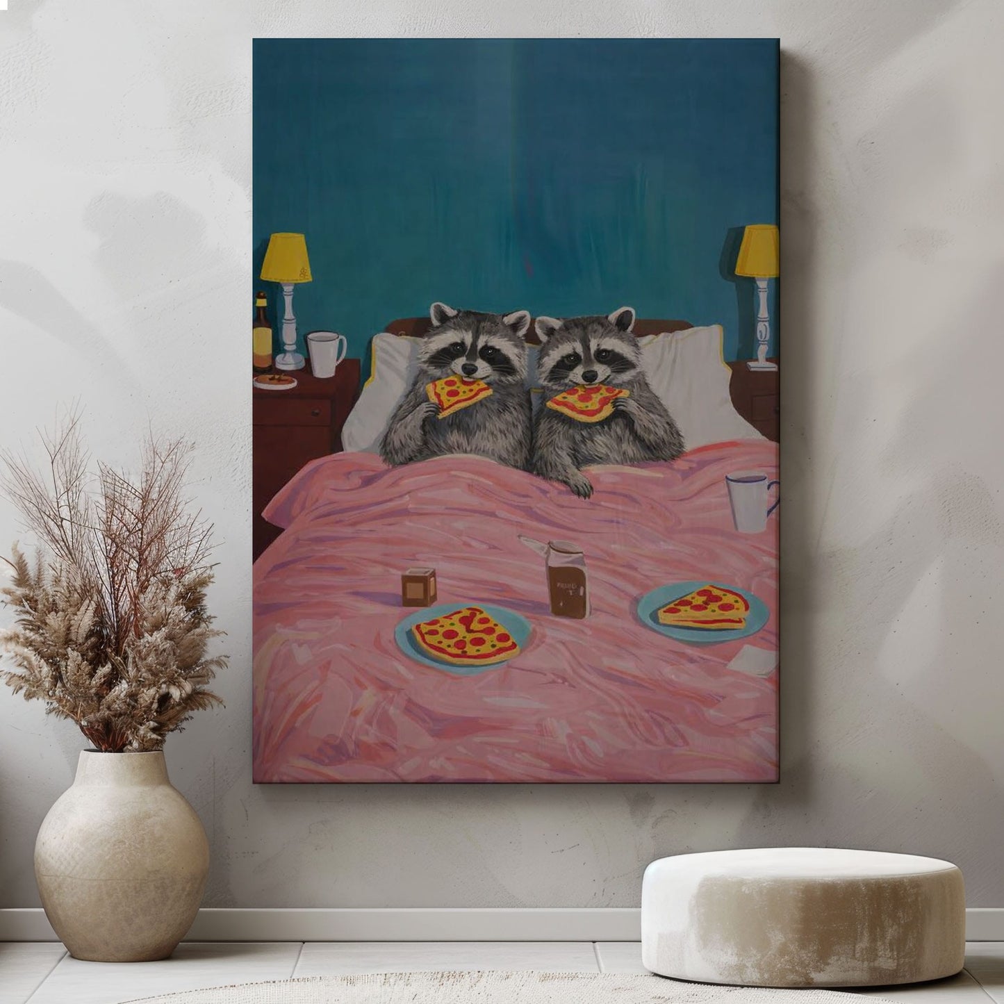Funny Raccoon Couple Eating Pizza in Bed Cozy Wall Art