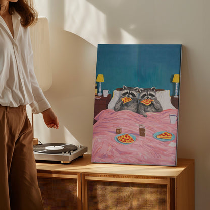 Funny Raccoon Couple Eating Pizza in Bed Cozy Wall Art