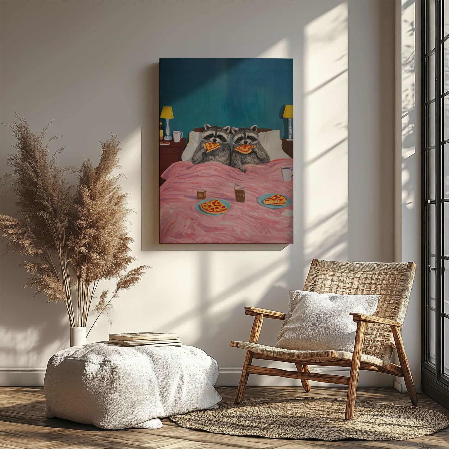 Funny Raccoon Couple Eating Pizza in Bed Cozy Wall Art