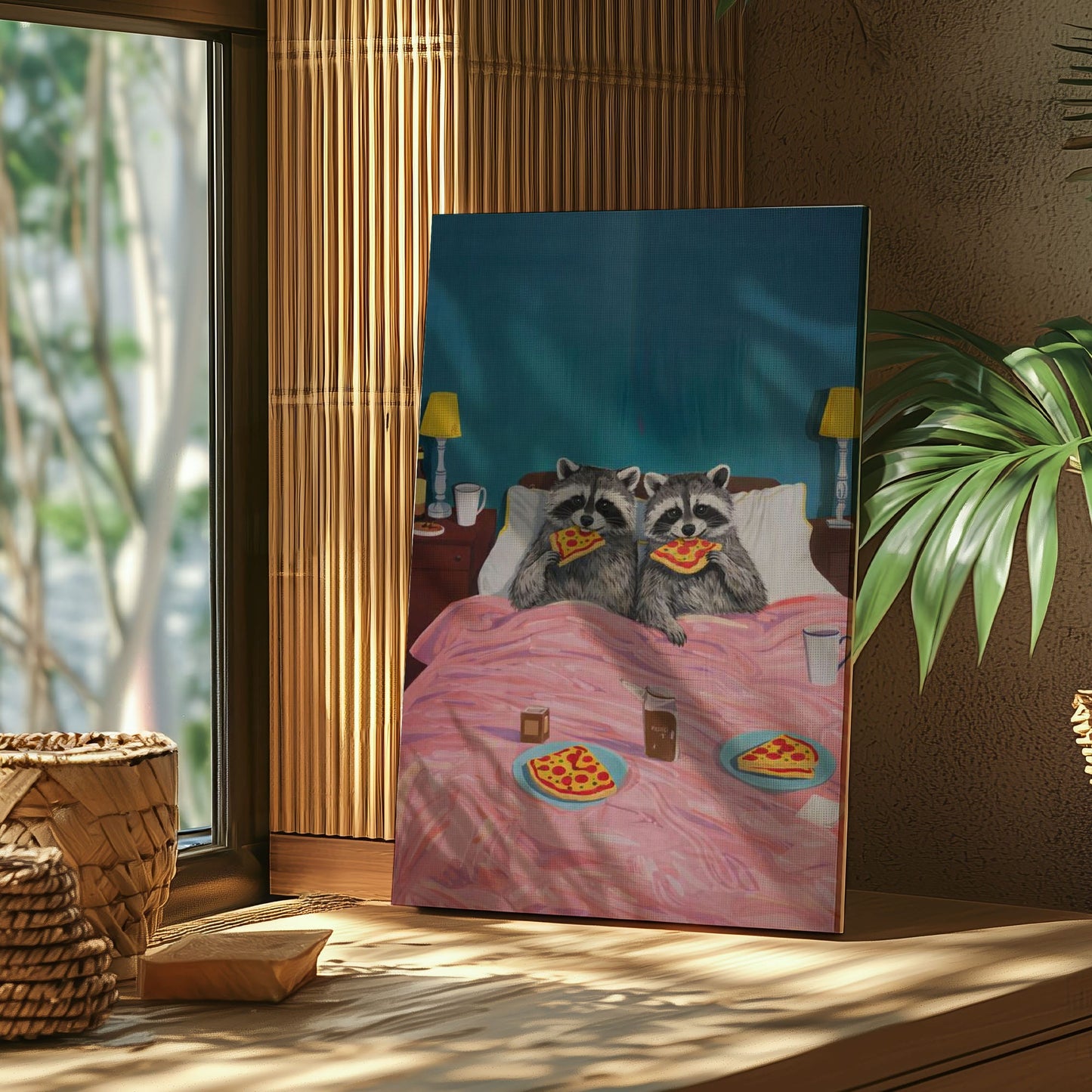Funny Raccoon Couple Eating Pizza in Bed Cozy Wall Art