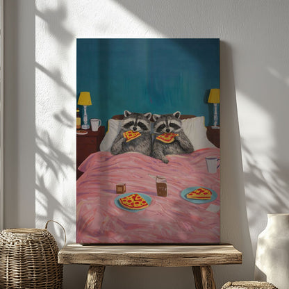 Funny Raccoon Couple Eating Pizza in Bed Cozy Wall Art