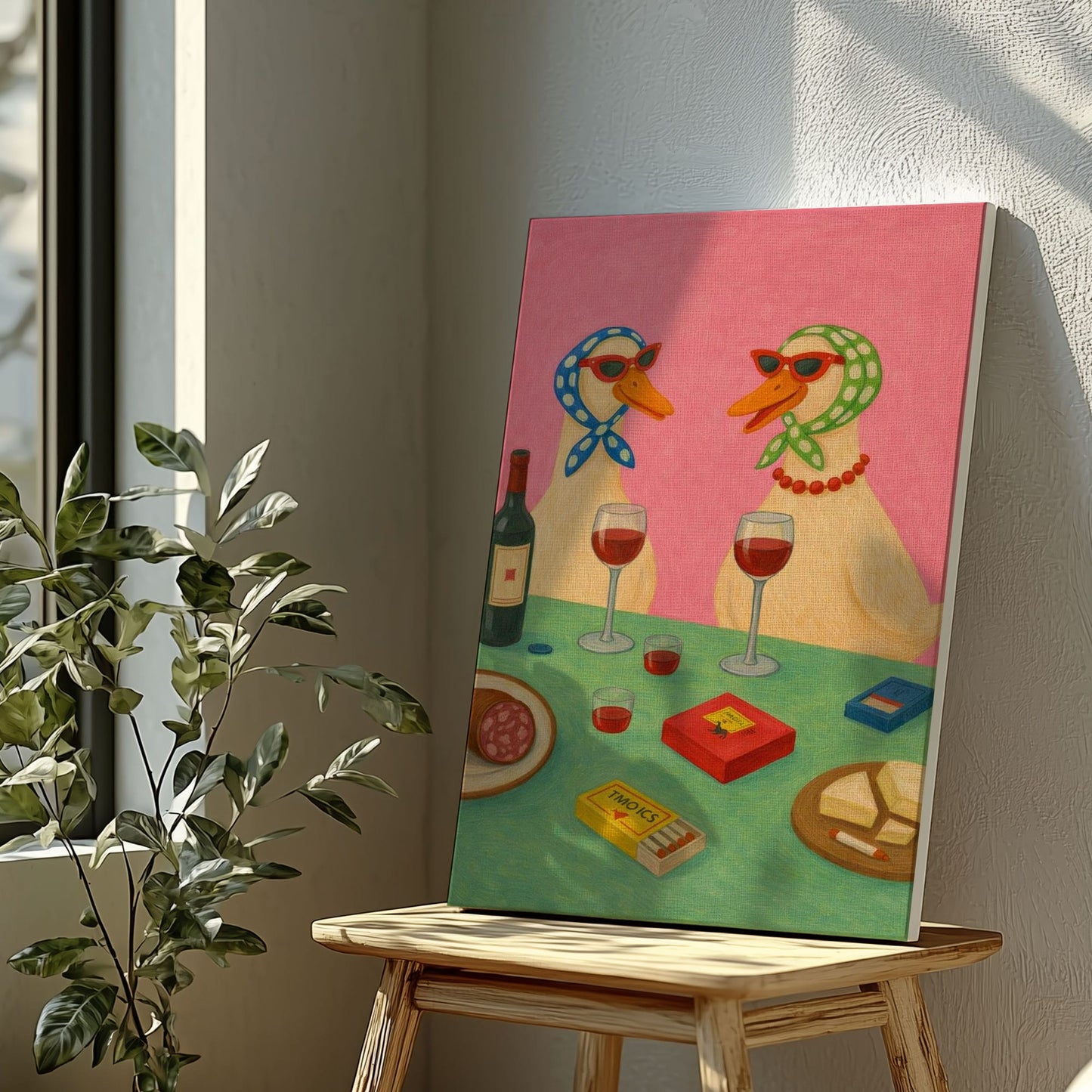 Two Ducks Wine Night Playful Animal Art Print Canvas