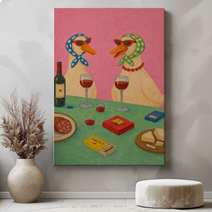 Two Ducks Wine Night Playful Animal Art Print Canvas