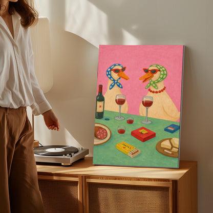 Two Ducks Wine Night Playful Animal Art Print Canvas