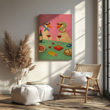Two Ducks Wine Night Playful Animal Art Print Canvas