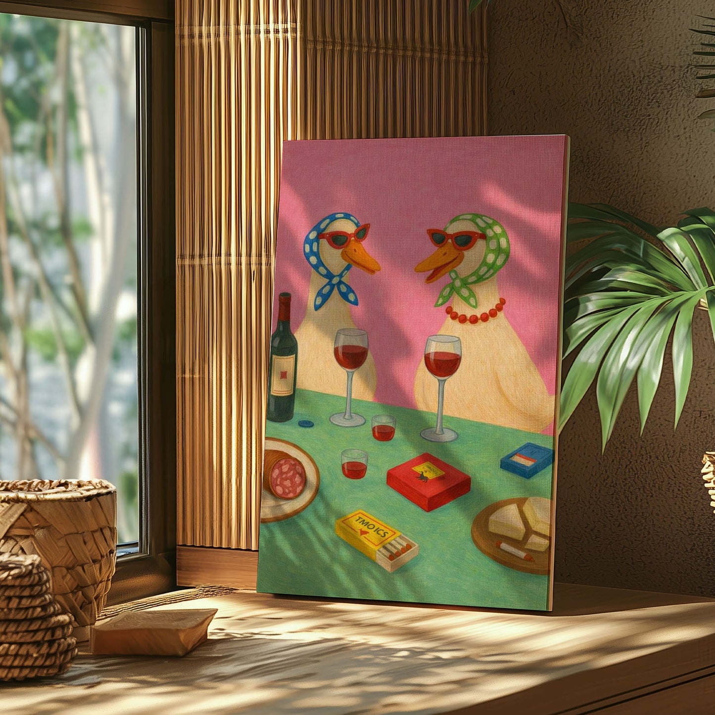 Two Ducks Wine Night Playful Animal Art Print Canvas