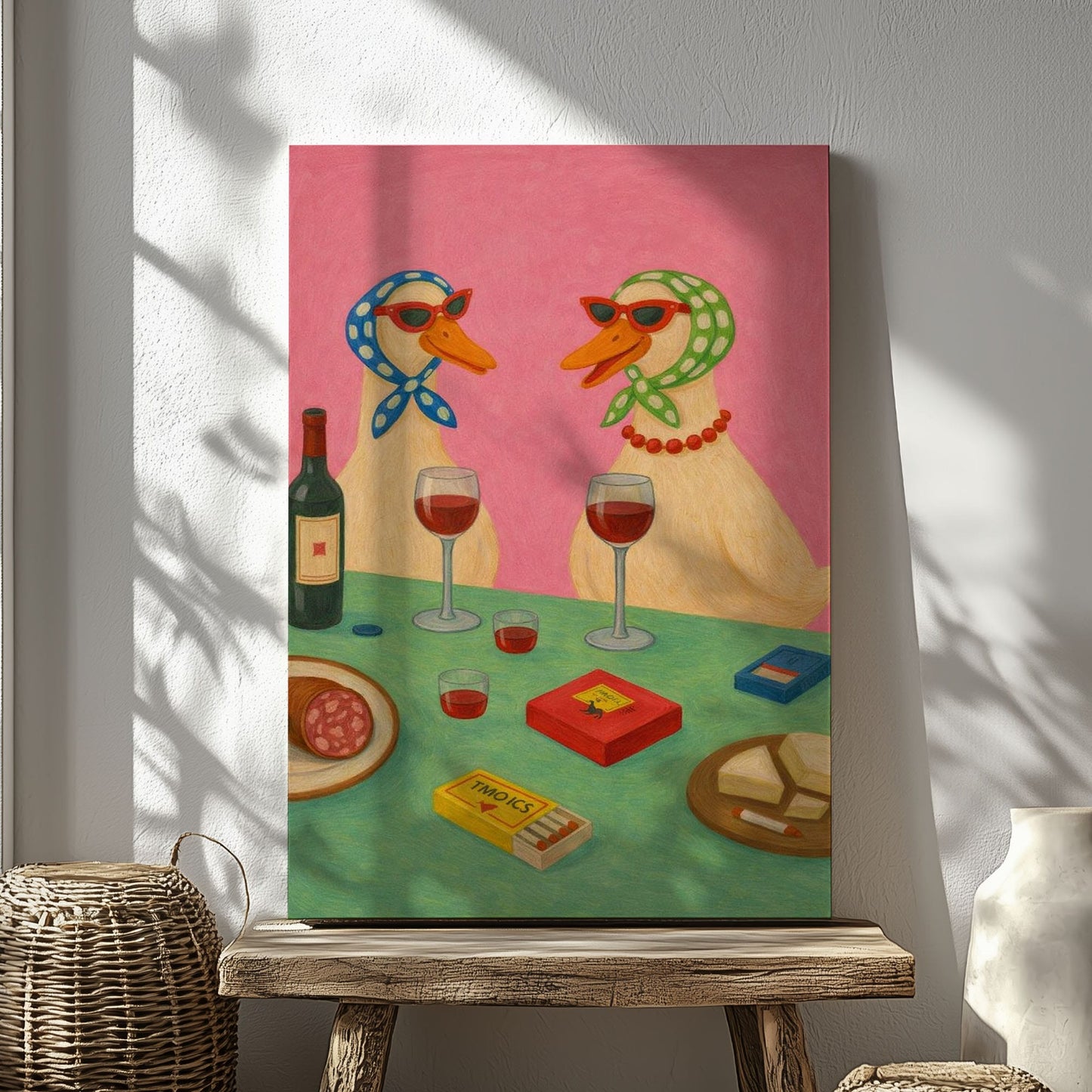 Two Ducks Wine Night Playful Animal Art Print Canvas