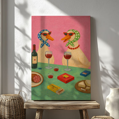 Two Ducks Wine Night Playful Animal Art Print Canvas