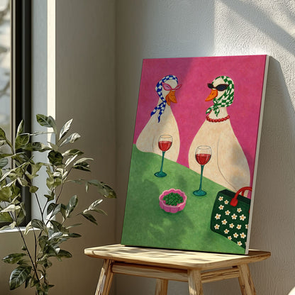 Duck Ladies Drinking Wine Whimsical Animal Wall Art