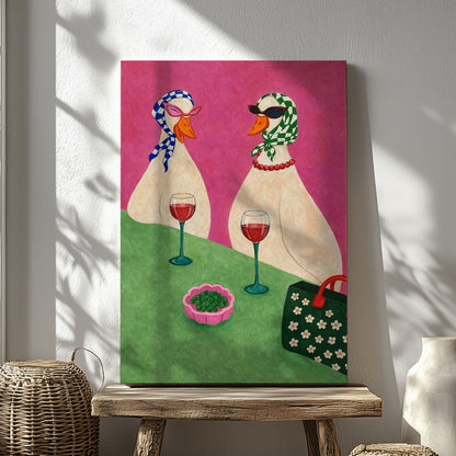Duck Ladies Drinking Wine Whimsical Animal Wall Art