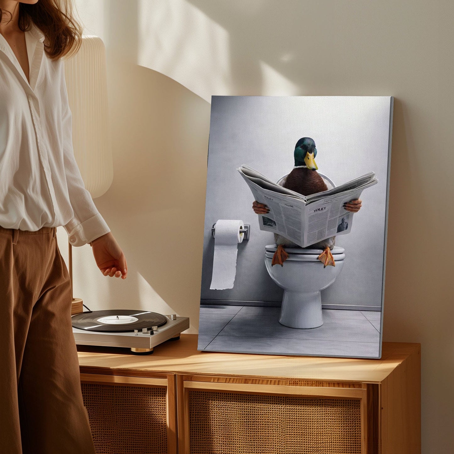 Duck Reading Newspaper Toilet Bathroom Canvas Wall Art Gift for Hunters