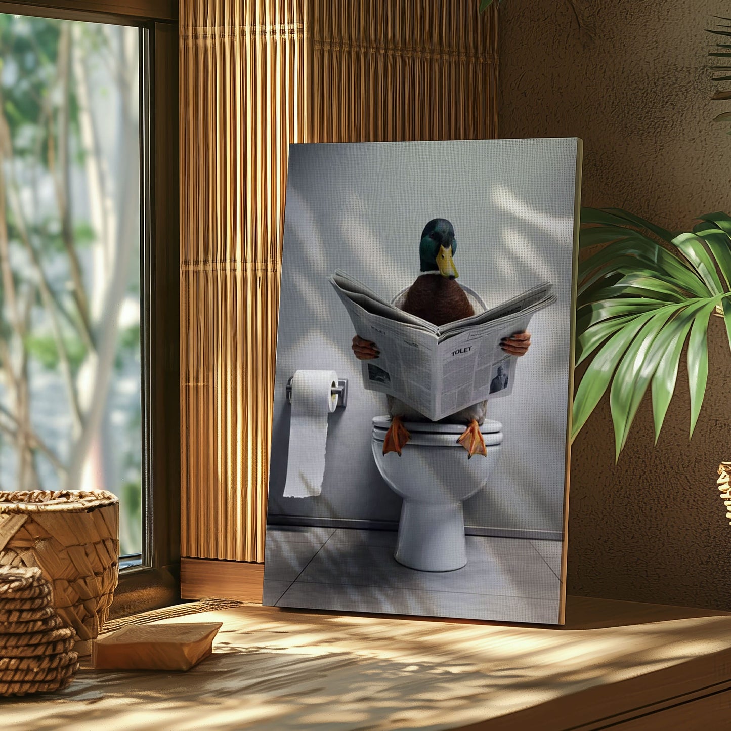 Duck Reading Newspaper Toilet Bathroom Canvas Wall Art Gift for Hunters