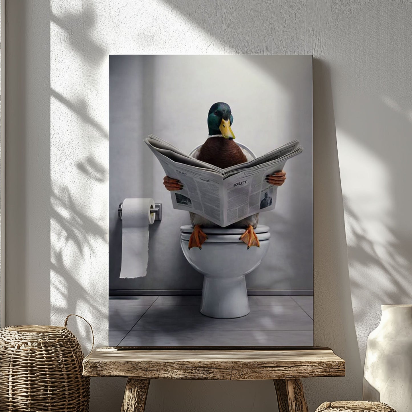 Duck Reading Newspaper Toilet Bathroom Canvas Wall Art Gift for Hunters