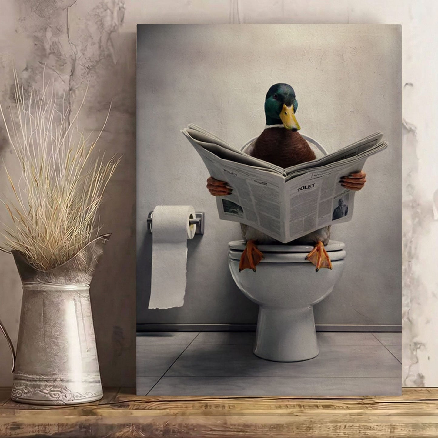 Duck Reading Newspaper Toilet Bathroom Canvas Wall Art Gift for Hunters