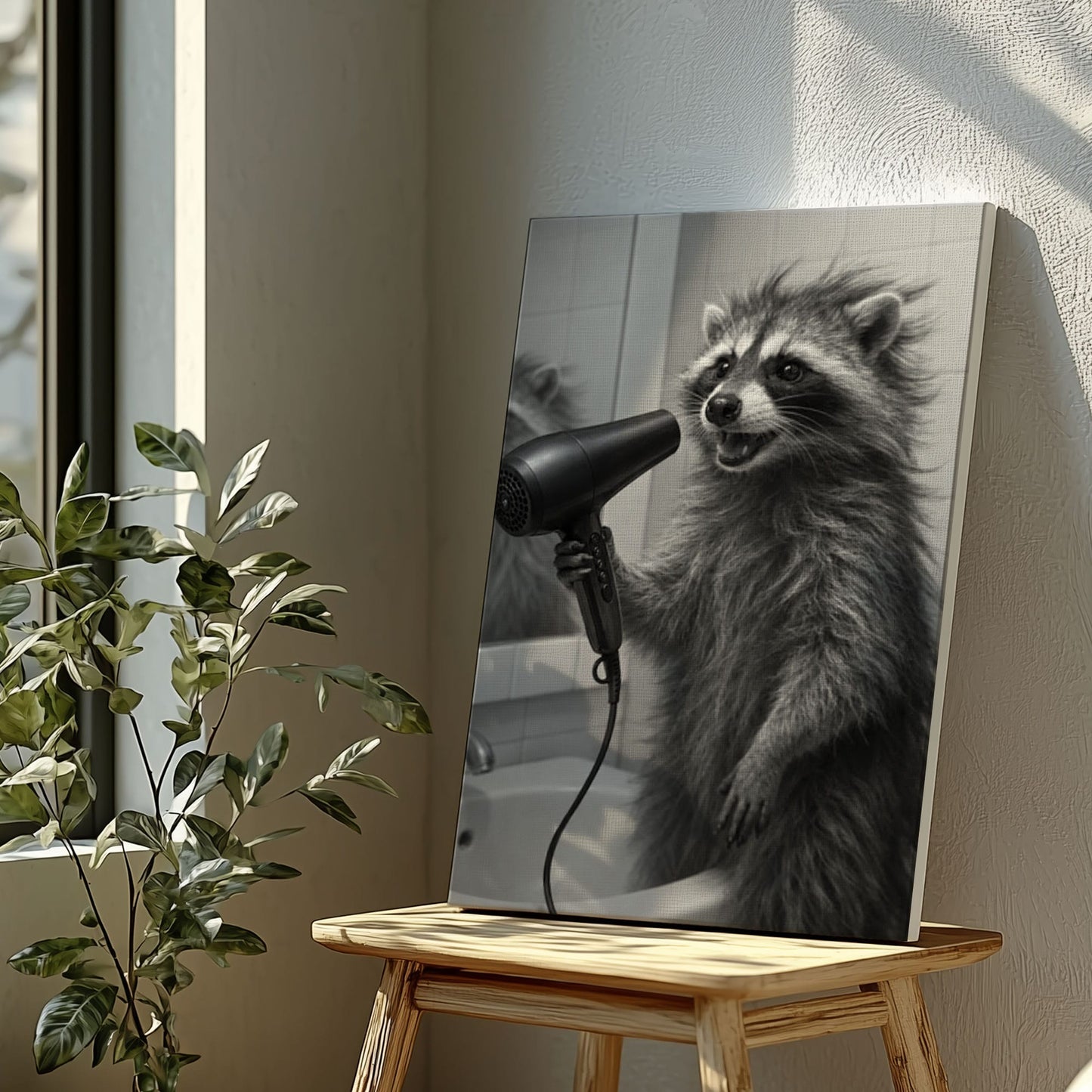 Raccoon Blow Drying Hair Bathroom Wall Art Print