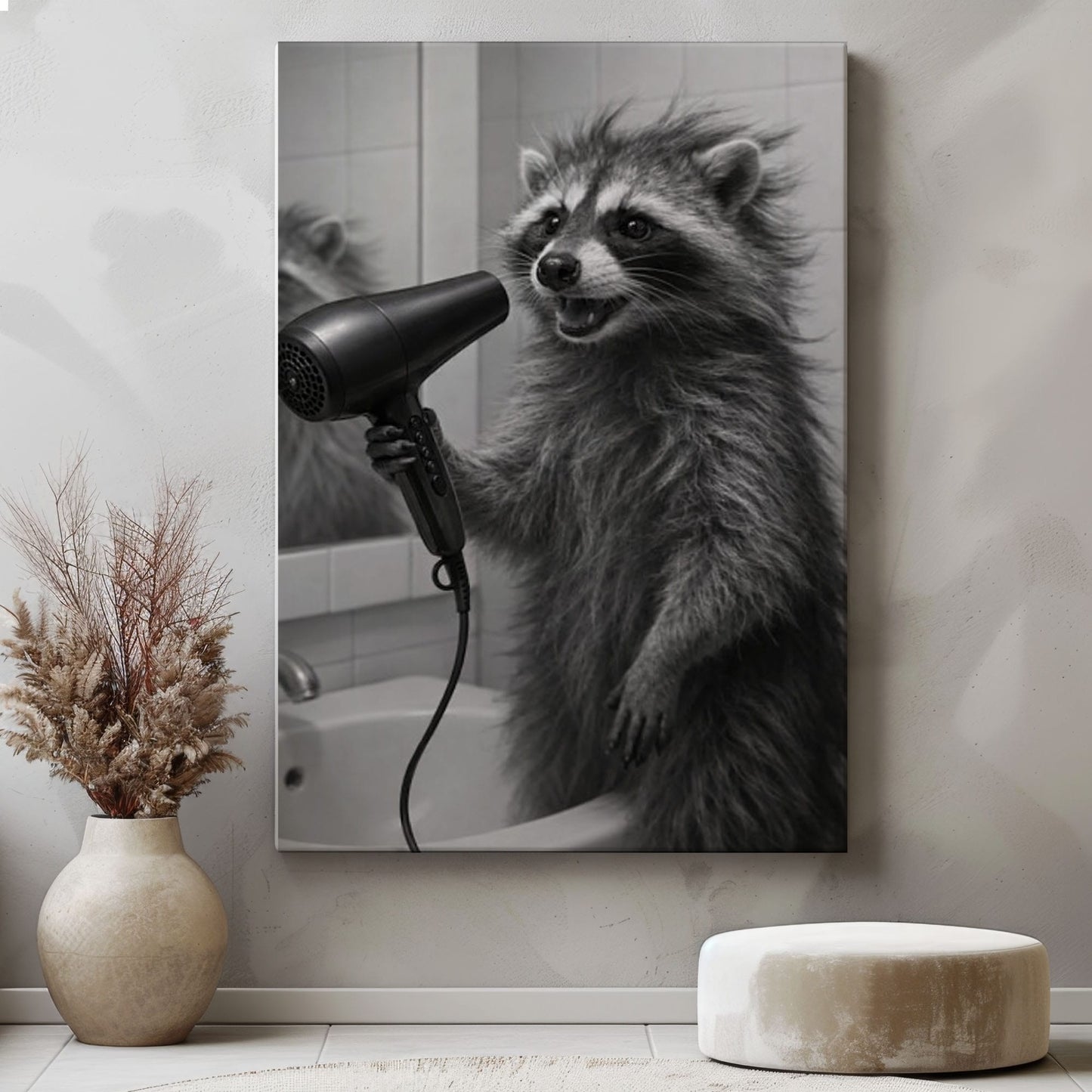 Raccoon Blow Drying Hair Bathroom Wall Art Print