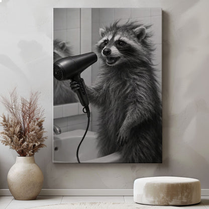 Raccoon Blow Drying Hair Bathroom Wall Art Print