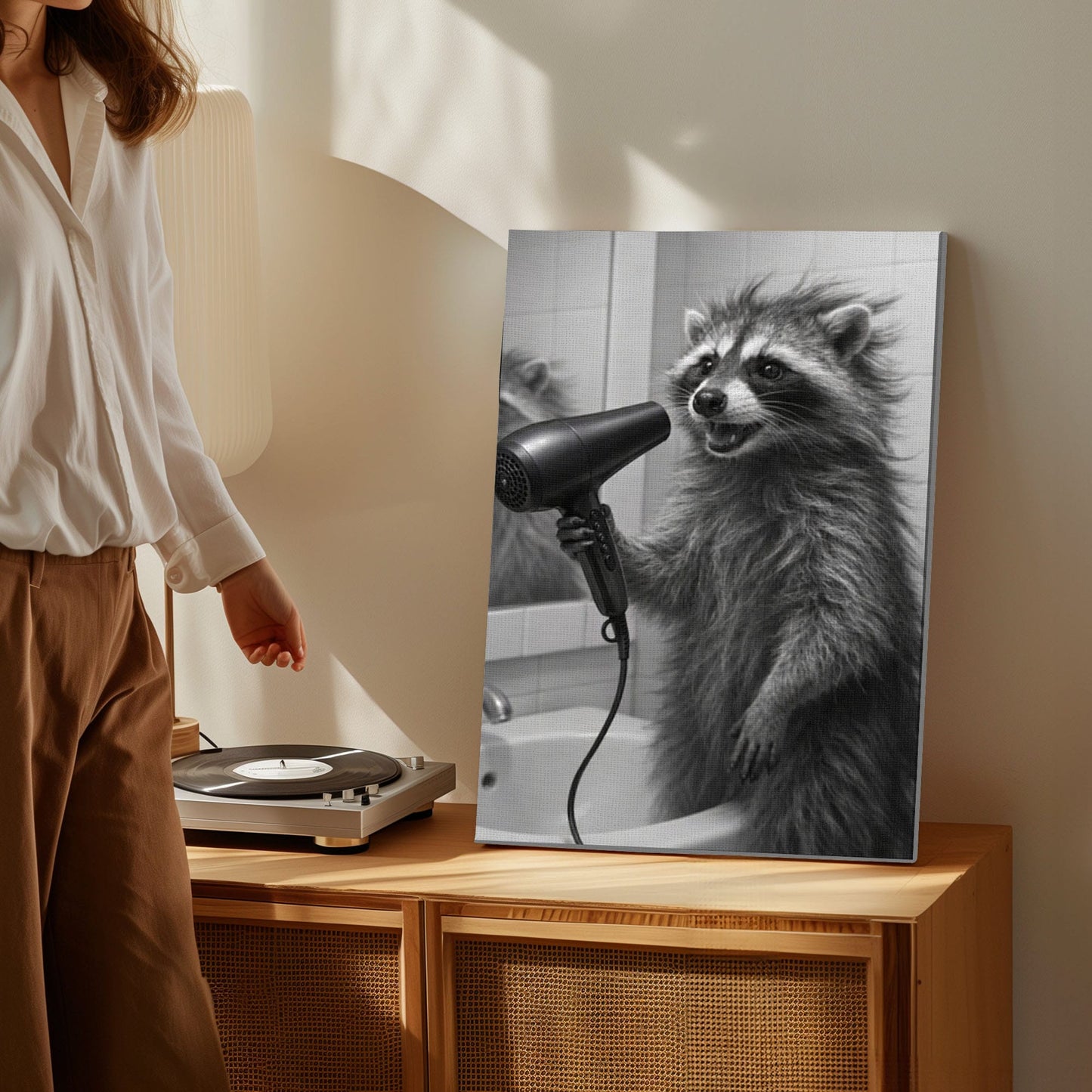Raccoon Blow Drying Hair Bathroom Wall Art Print