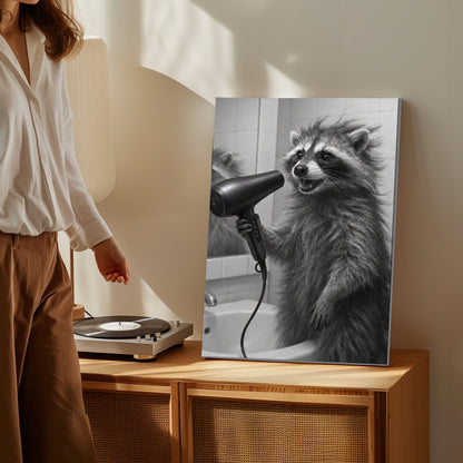 Raccoon Blow Drying Hair Bathroom Wall Art Print