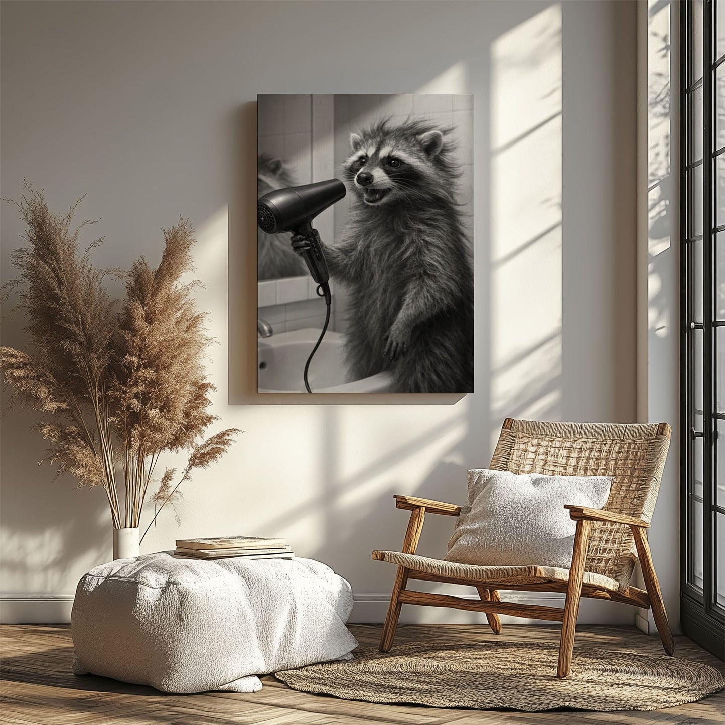 Raccoon Blow Drying Hair Bathroom Wall Art Print