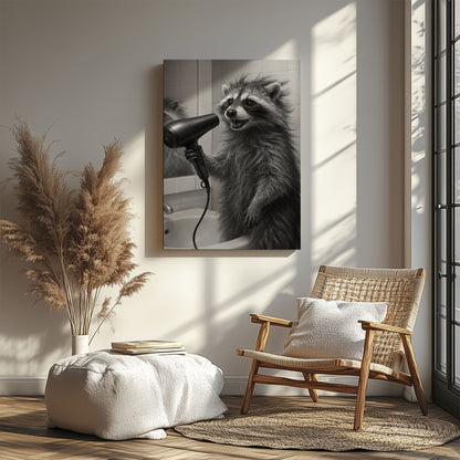 Raccoon Blow Drying Hair Bathroom Wall Art Print