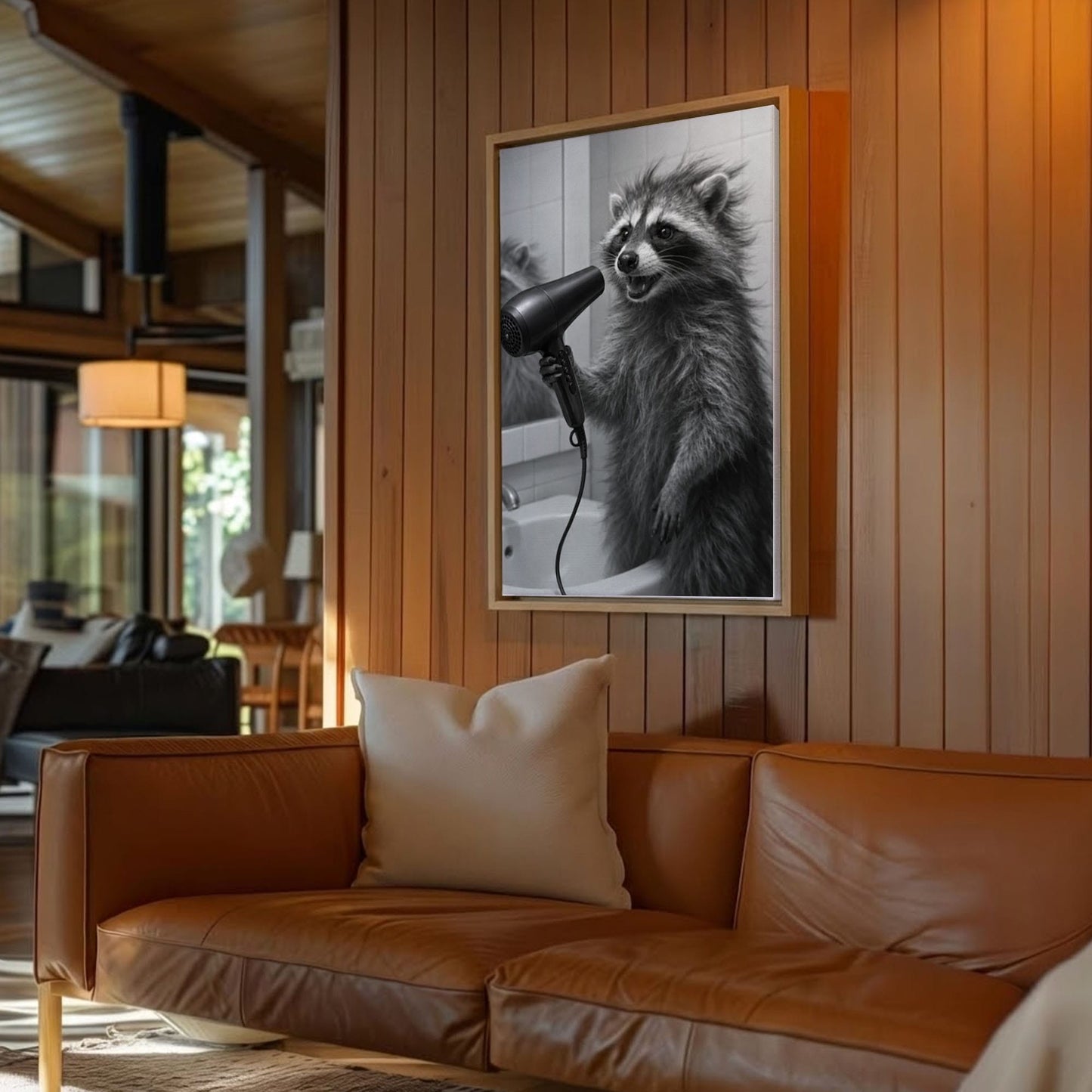 Raccoon Blow Drying Hair Bathroom Wall Art Print
