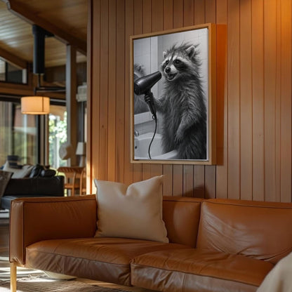 Raccoon Blow Drying Hair Bathroom Wall Art Print