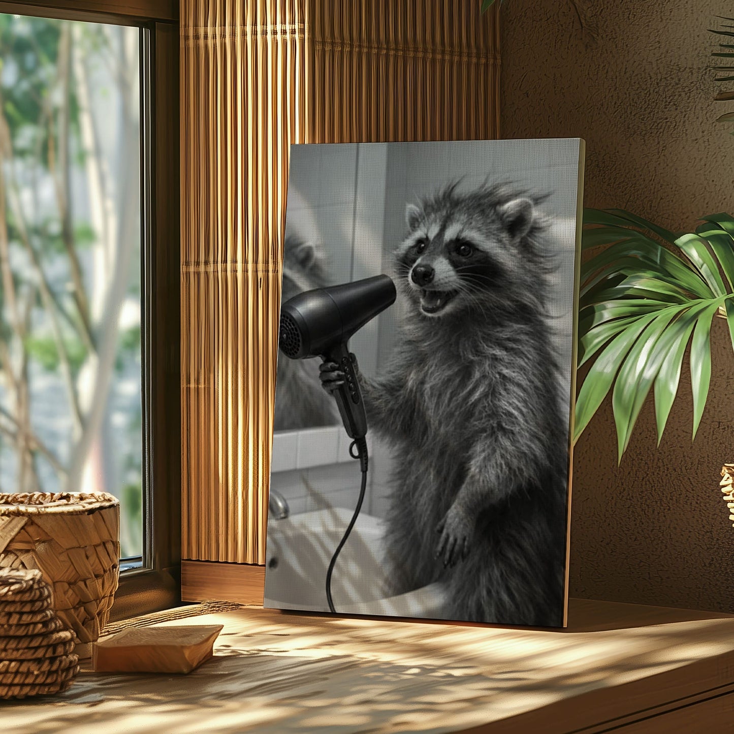 Raccoon Blow Drying Hair Bathroom Wall Art Print