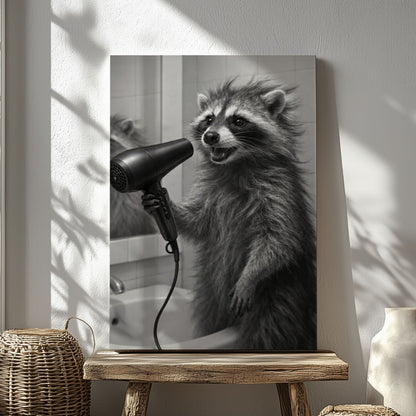 Raccoon Blow Drying Hair Bathroom Wall Art Print