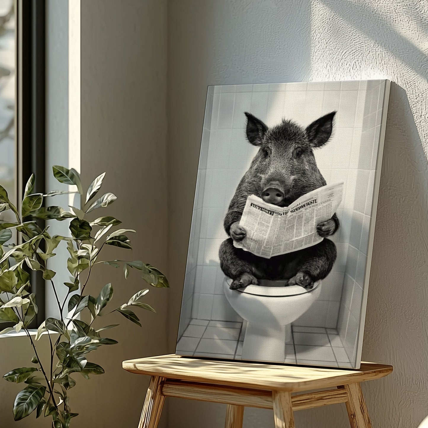 Wild Boar Reading Newspaper on Toilet Bathroom Wall Art