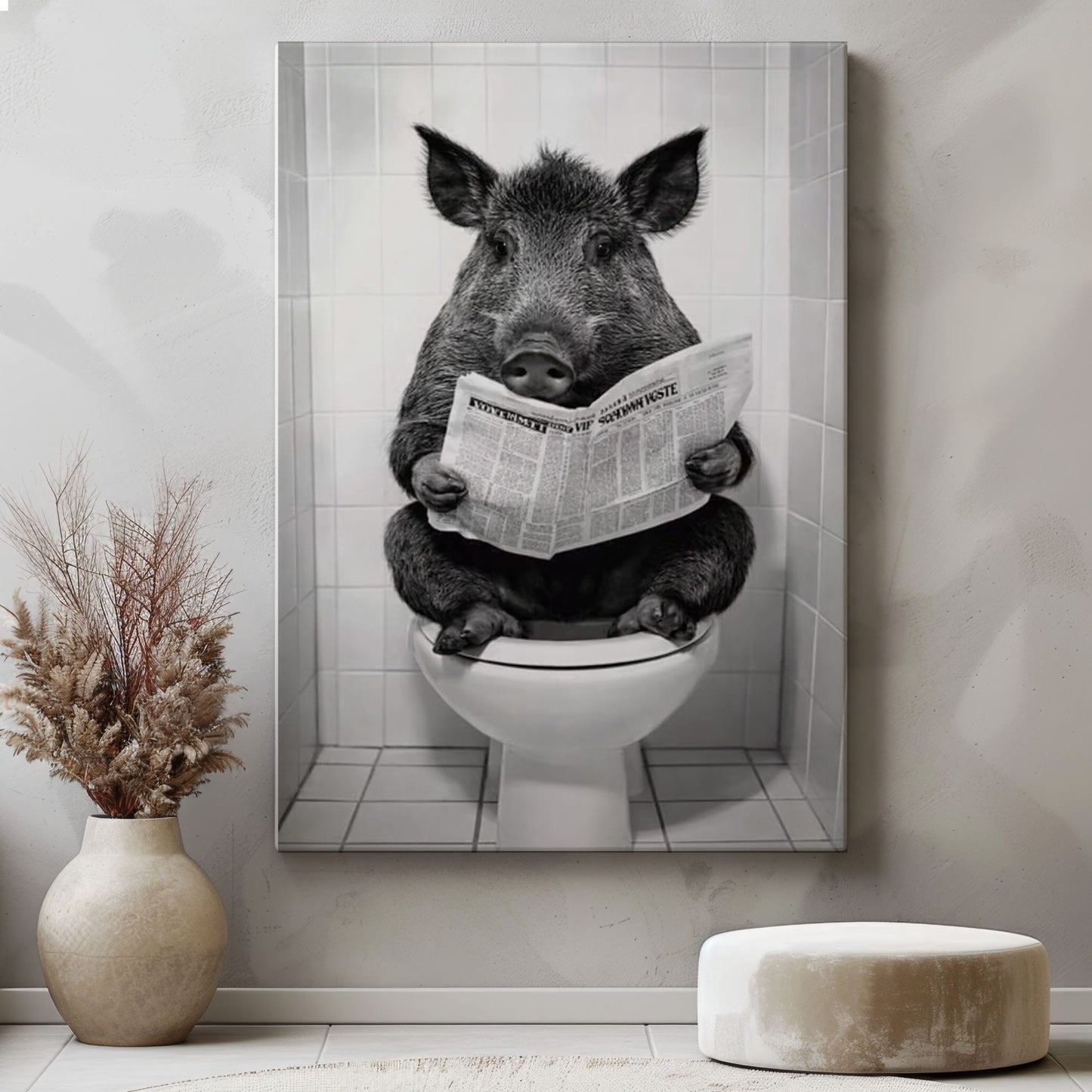 Wild Boar Reading Newspaper on Toilet Bathroom Wall Art