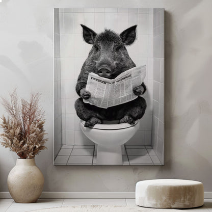 Wild Boar Reading Newspaper on Toilet Bathroom Wall Art