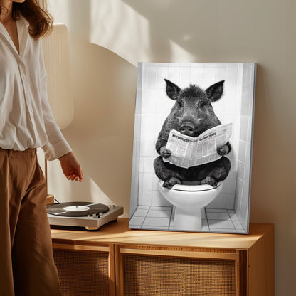 Wild Boar Reading Newspaper on Toilet Bathroom Wall Art