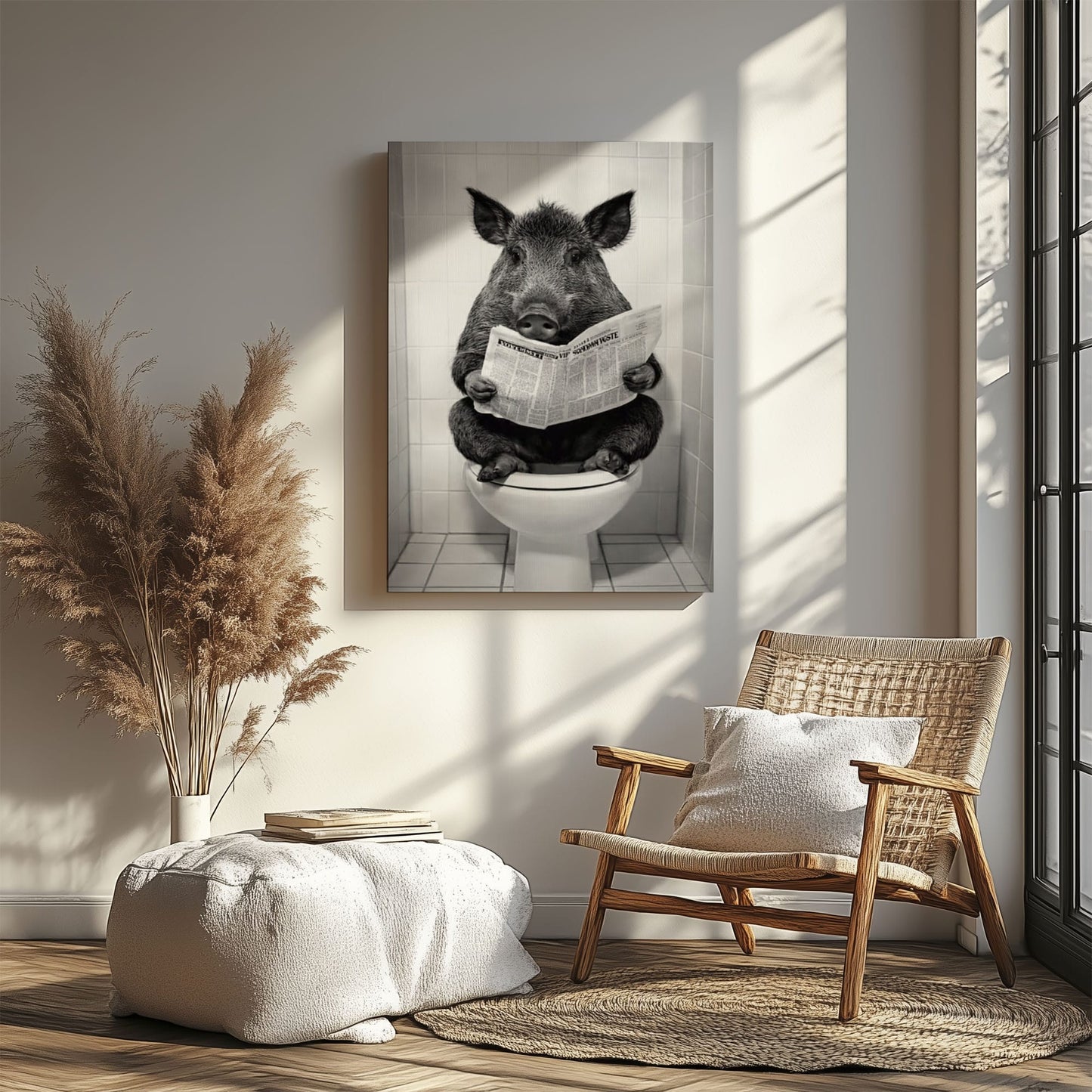 Wild Boar Reading Newspaper on Toilet Bathroom Wall Art