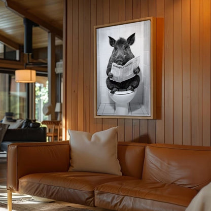 Wild Boar Reading Newspaper on Toilet Bathroom Wall Art