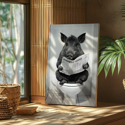 Wild Boar Reading Newspaper on Toilet Bathroom Wall Art