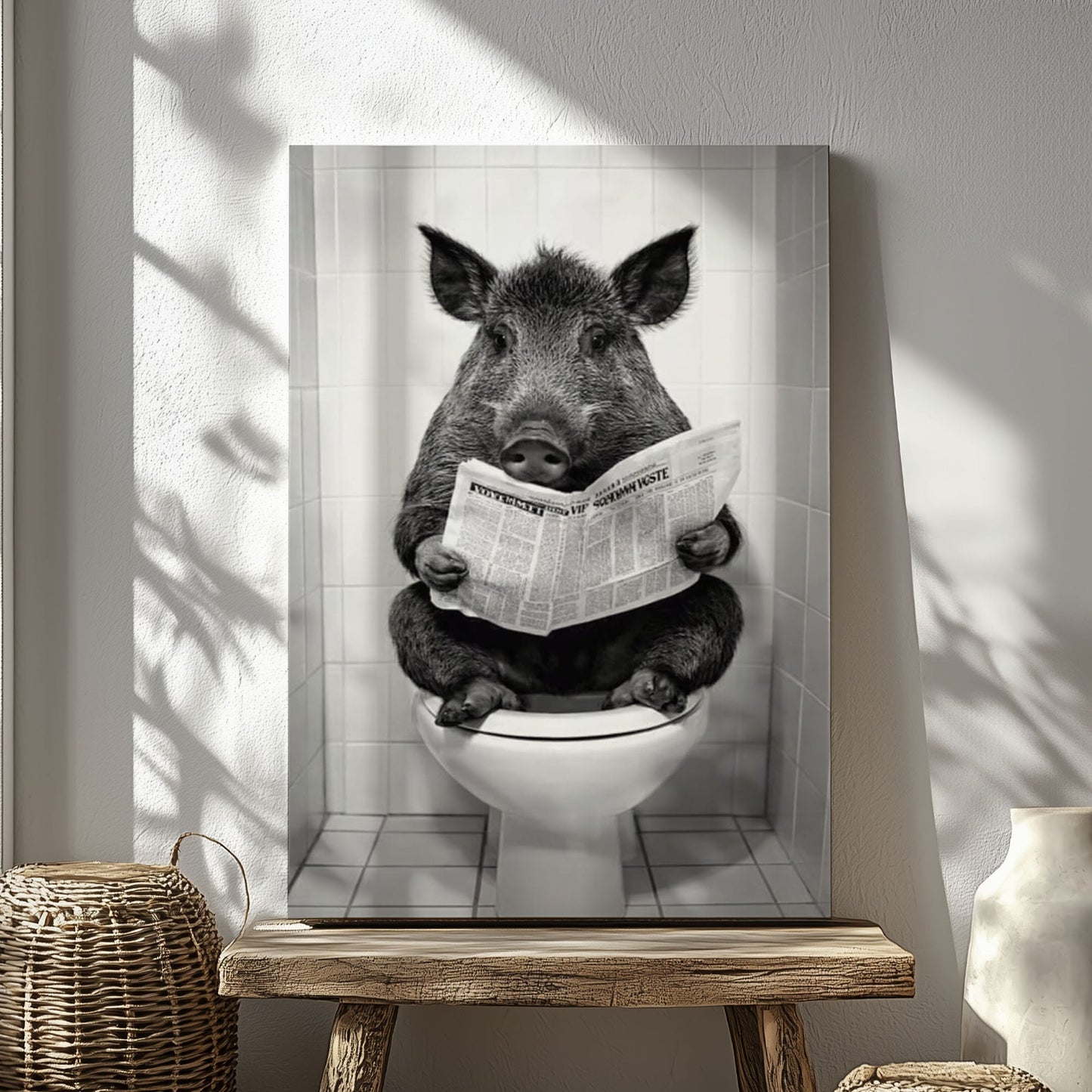 Wild Boar Reading Newspaper on Toilet Bathroom Wall Art