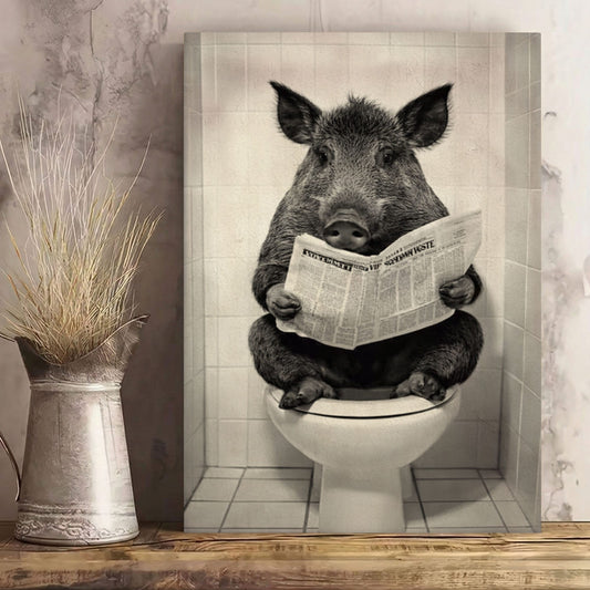 Wild Boar Reading Newspaper on Toilet Bathroom Wall Art