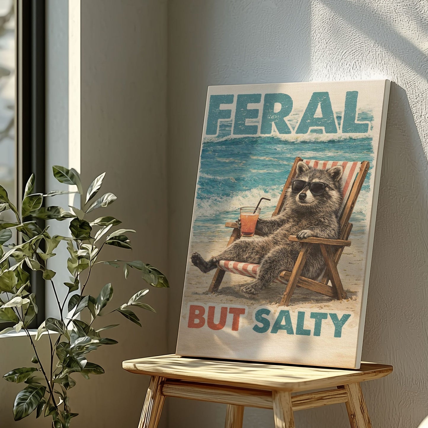 Feral But Salty  Summer Raccoon Bathroom Decor Canvas