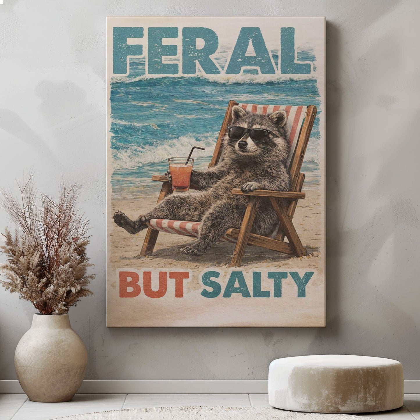 Feral But Salty  Summer Raccoon Bathroom Decor Canvas