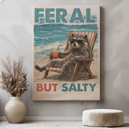 Feral But Salty  Summer Raccoon Bathroom Decor Canvas