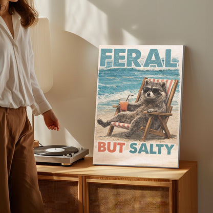 Feral But Salty  Summer Raccoon Bathroom Decor Canvas
