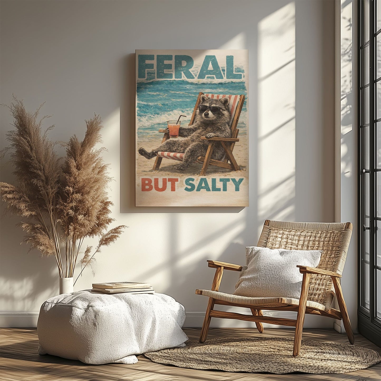 Feral But Salty  Summer Raccoon Bathroom Decor Canvas
