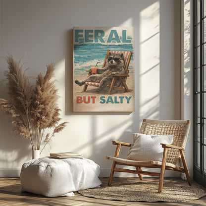 Feral But Salty  Summer Raccoon Bathroom Decor Canvas