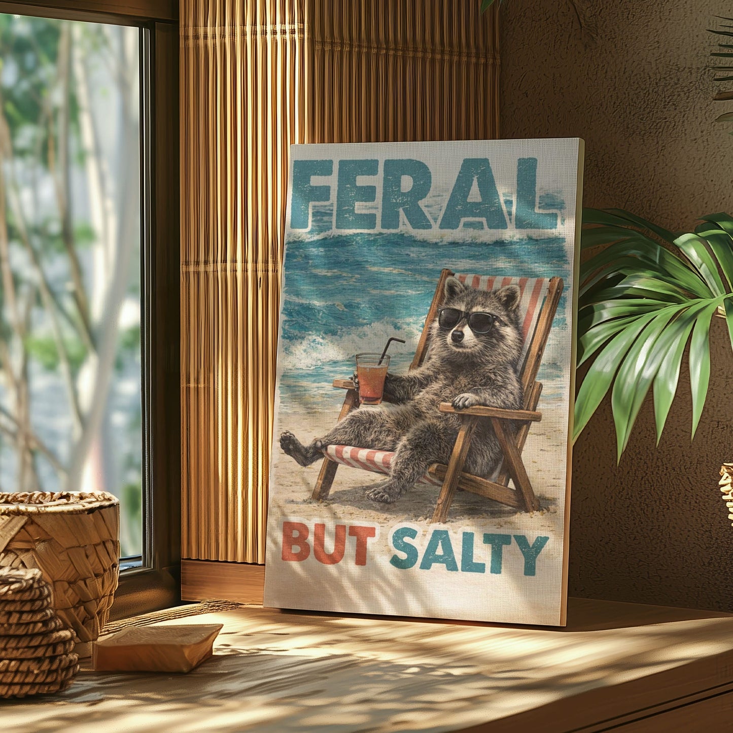 Feral But Salty  Summer Raccoon Bathroom Decor Canvas
