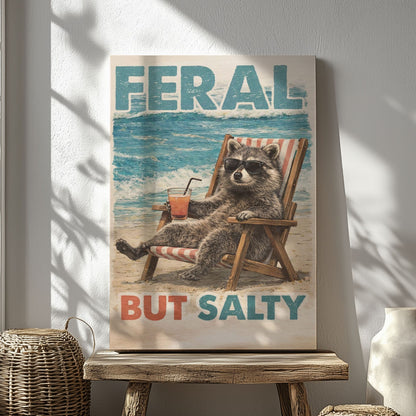 Feral But Salty  Summer Raccoon Bathroom Decor Canvas