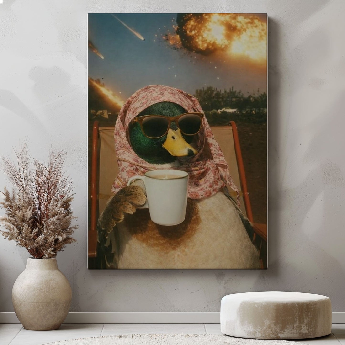 Calm Duck Drinking Coffee During Apocalypse Wall Art