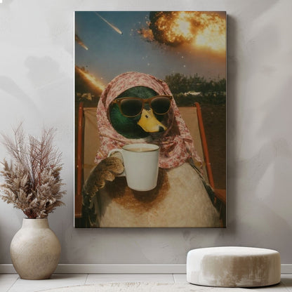 Calm Duck Drinking Coffee During Apocalypse Wall Art